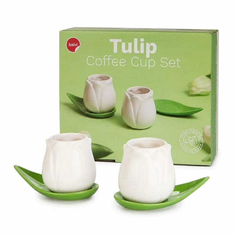 Set 2 tazze da caffè a forma di tulipano bianco con piattini a foglia in ceramica