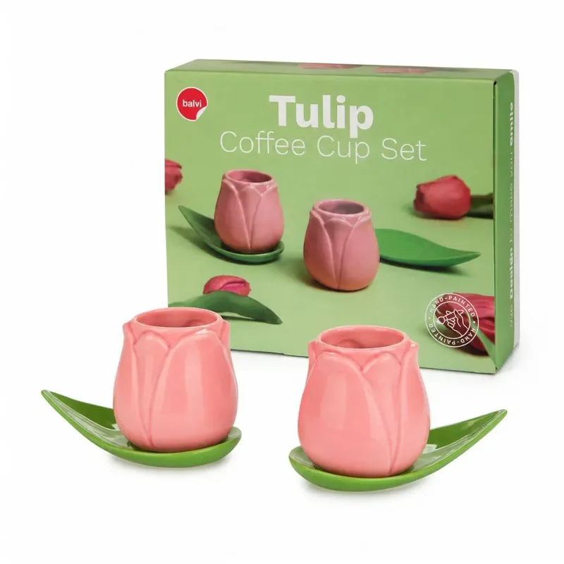 Set 2 tazze da caffè a forma di tulipano rosa con piattini a foglia in ceramica
