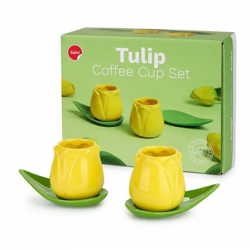 Set 2 tazze da caffè a forma di tulipano giallo con piattini a foglia in ceramica