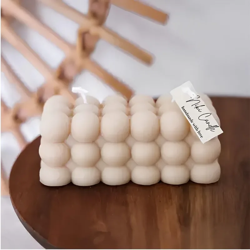 Candela artigianale a bolle con due stoppini beige