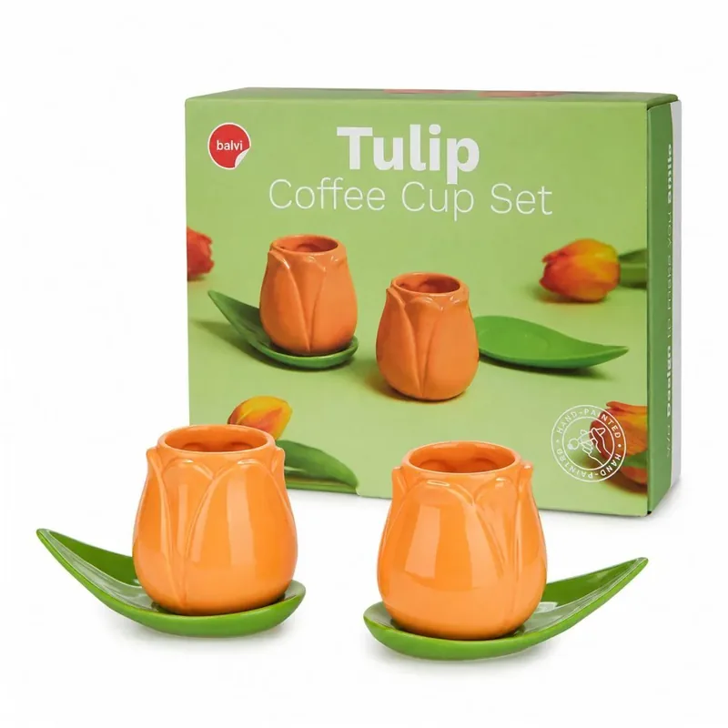 Set 2 tazze da caffè a forma di tulipano arancione con piattini a foglia in ceramica